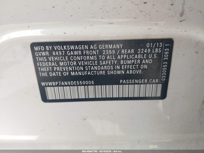 2013 Volkswagen Cc 2.0T Sport VIN: WVWBP7AN9DE550006 Lot: 45067795