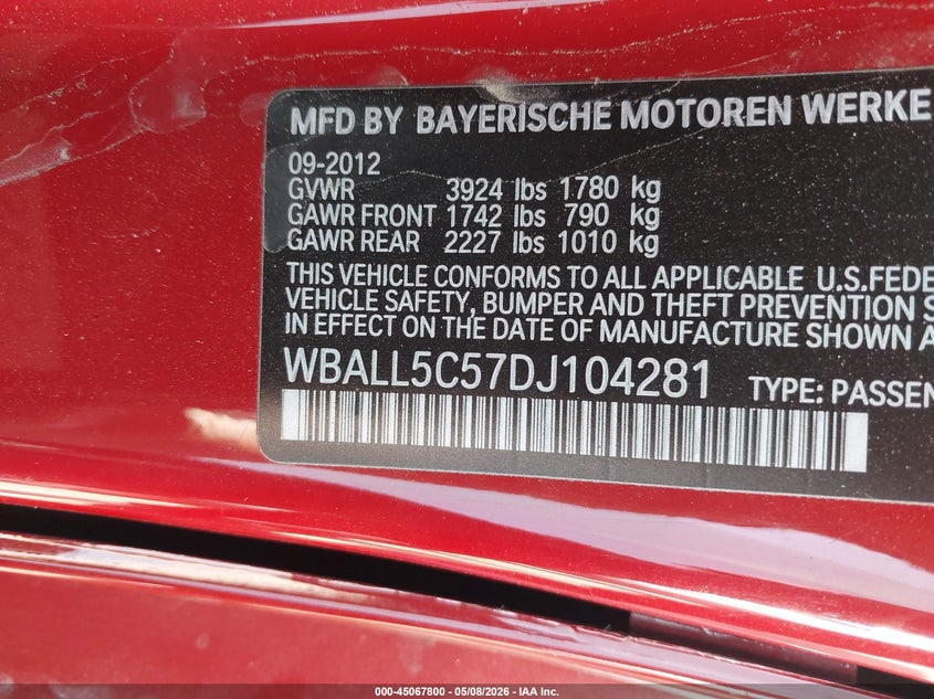 2013 BMW Z4 Sdrive28I VIN: WBALL5C57DJ104281 Lot: 45067800