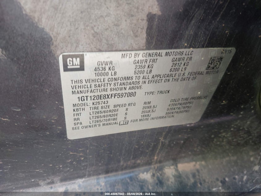 GMC SIERRA 2500HD 2015 VIN 1GT120E8XFF597080