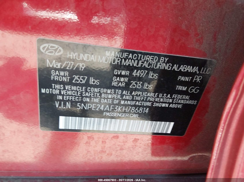 VIN 5NPE24AF3KH786814 2019 HYUNDAI SONATA SE
