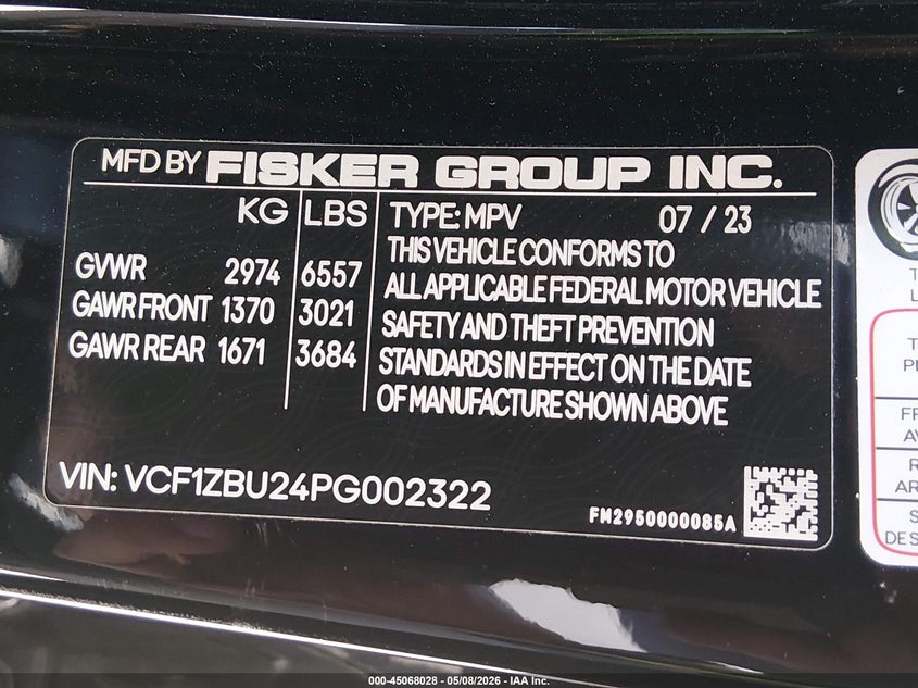 2023 Fisker Ocean One VIN: VCF1ZBU24PG002322 Lot: 45068028