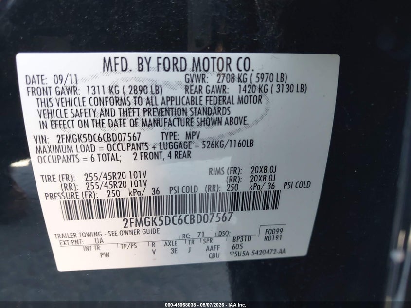 2012 Ford Flex 3.5 Limited Black Lot 111045068038 Vin 2FMGK5DC6CBD07567