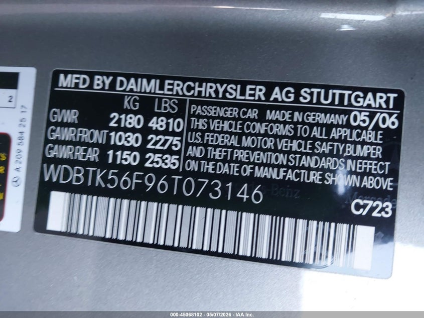 2006 Mercedes-Benz Clk 350 VIN: WDBTK56F96T073146 Lot: 45068102