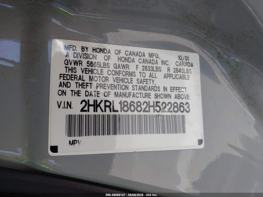 2002 Honda Odyssey Ex VIN: 2HKRL18682H522863 Lot: 45068147