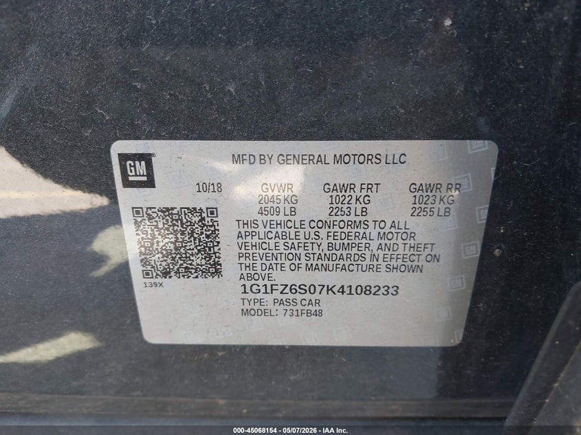 2019 Chevrolet Bolt Ev Premier VIN: 1G1FZ6S07K4108233 Lot: 45068154