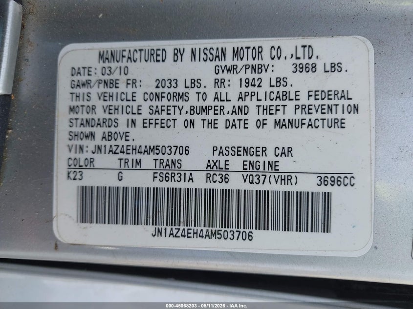 2010 Nissan 370Z Touring VIN: JN1AZ4EH4AM503706 Lot: 45068203