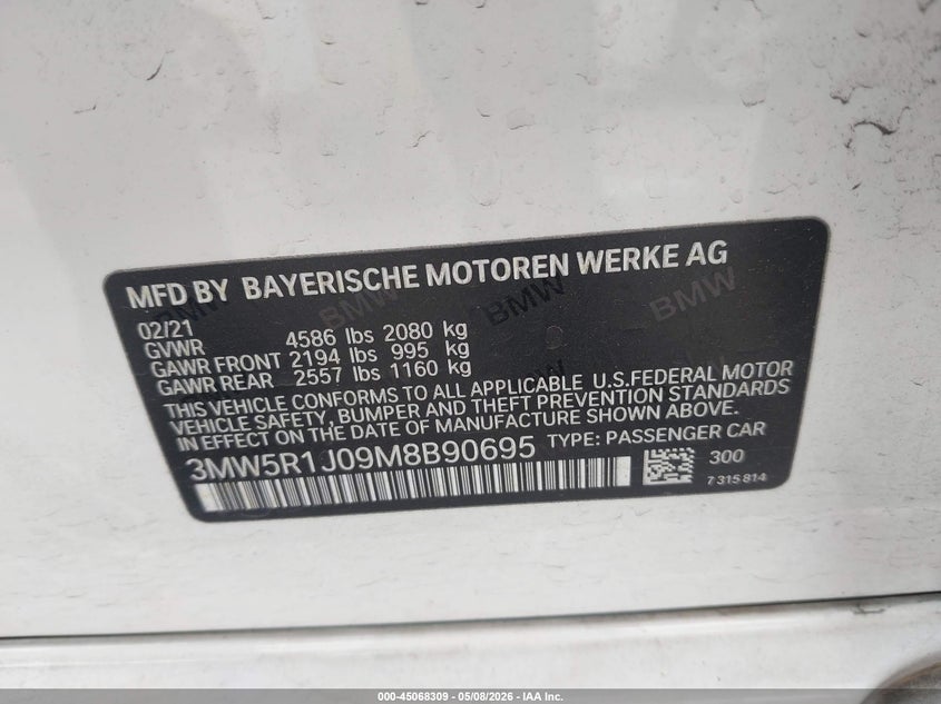 2021 BMW 330I 2.0L I-4 DI, DOHC, V(VIN: 3MW5R1J09M8B90695