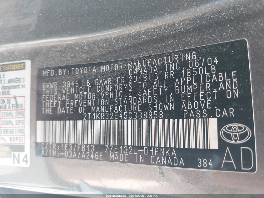 2005 Toyota Matrix Xr VIN: 2T1KR32E45C338958 Lot: 45068324