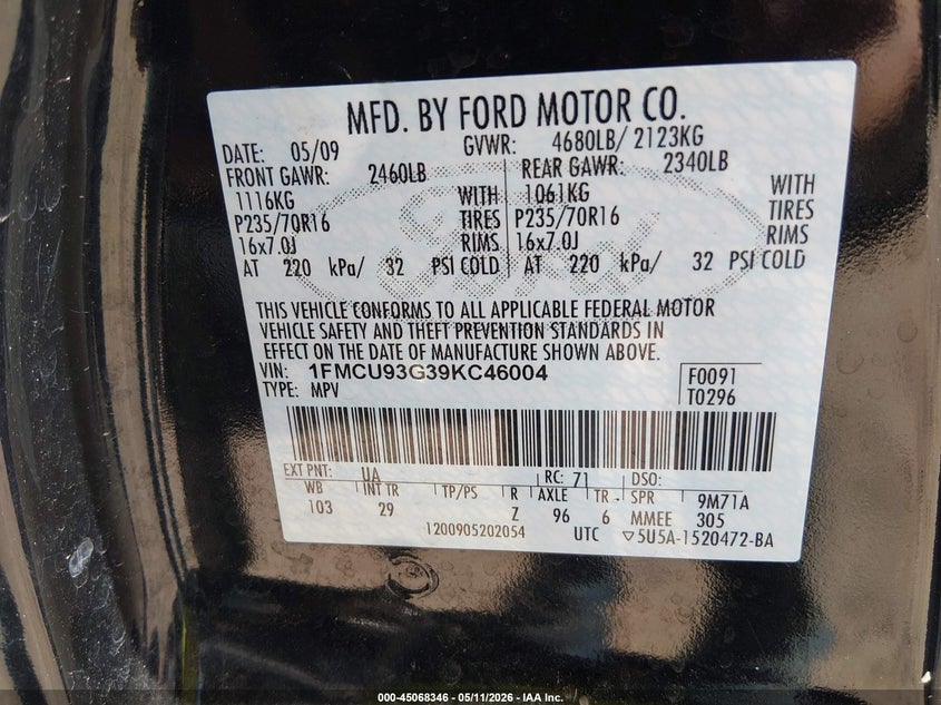 2009 Ford Escape 3.0 Xlt black Lot 111045068346 Vin 1FMCU93G39KC46004