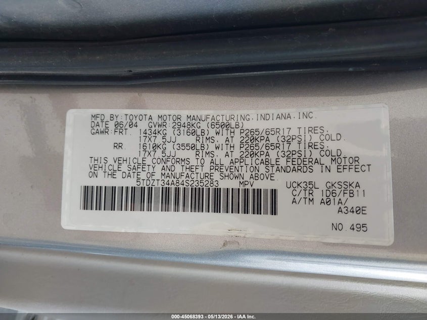 2004 Toyota Sequoia Sr5 V8 VIN: 5TDZT34A845235283 Lot: 45068393