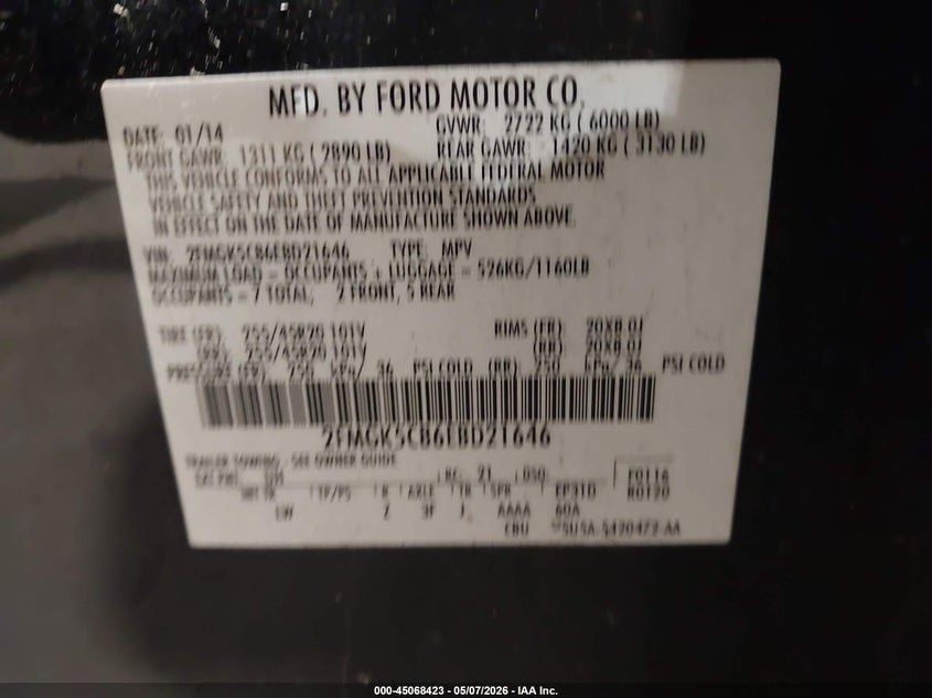 2014 Ford Flex Sel VIN: 2FMGK5C86EBD21646 Lot: 45068423