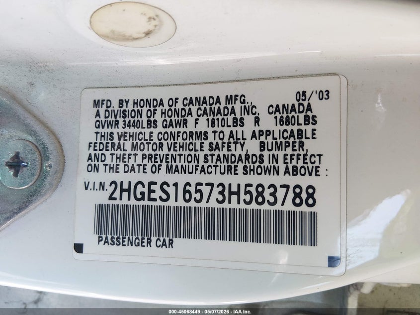 HONDA CIVIC 2003 VIN 2HGES16573H583788