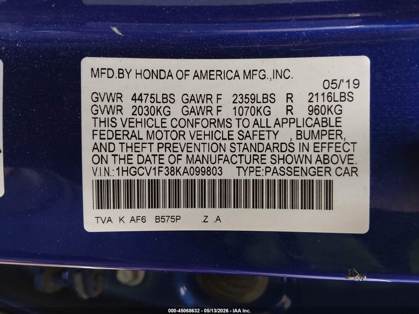 VIN 1HGCV1F38KA099803 2019 HONDA ACCORD SPORT