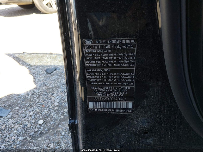 2012 Land Rover Range Rover Sport Supercharged VIN: SALSH2E40CA730457 Lot: 45068725