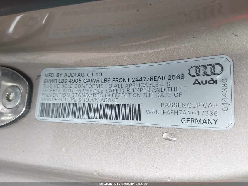 2010 Audi A5 2.0T Premium VIN: WAUJFAFH7AN017336 Lot: 45068774