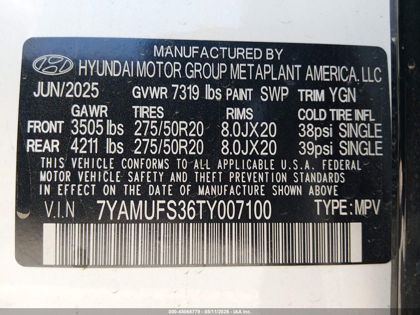 2026 Hyundai Ioniq 9 Sel VIN: 7YAMUFS36TY007100 Lot: 45068779