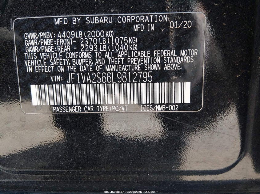 2020 Subaru Wrx Sti VIN: JF1VA2S66L9812795 Lot: 45068857
