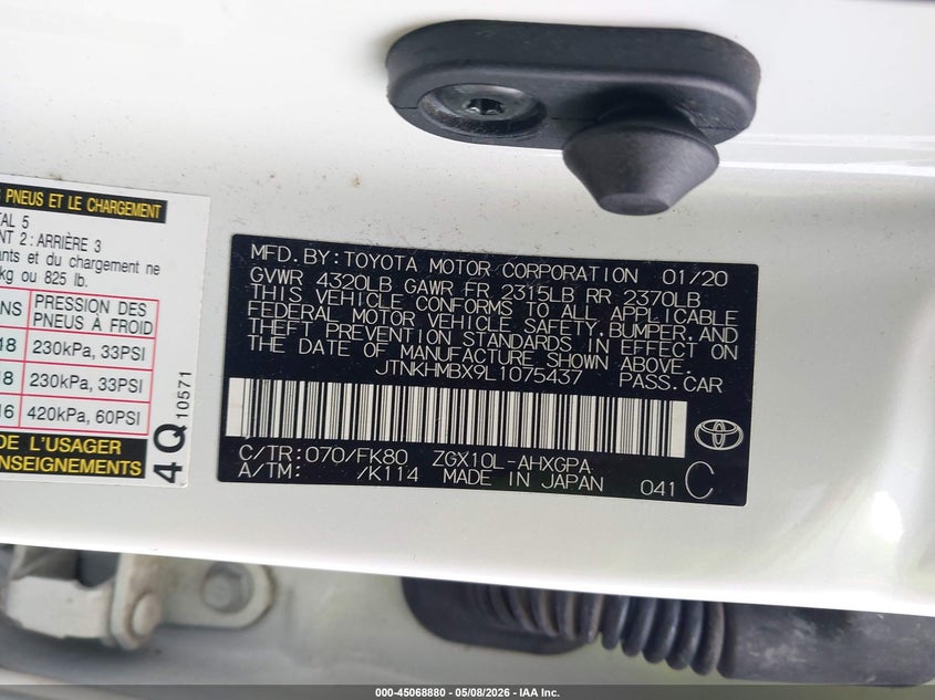 2020 Toyota C-Hr Xle VIN: JTNKHMBX9L1075437 Lot: 45068880