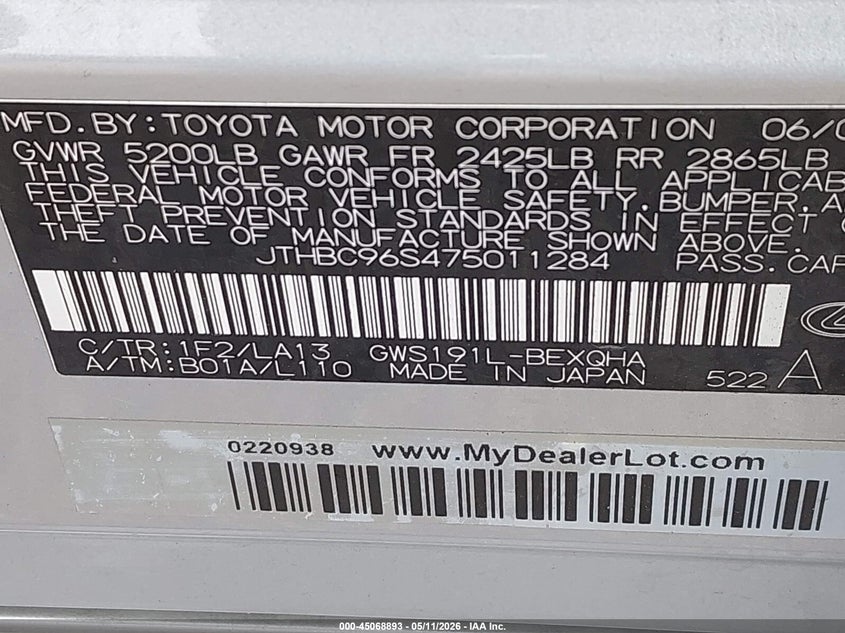 2007 Lexus Gs 450H VIN: JTHBC96S475011284 Lot: 45068893