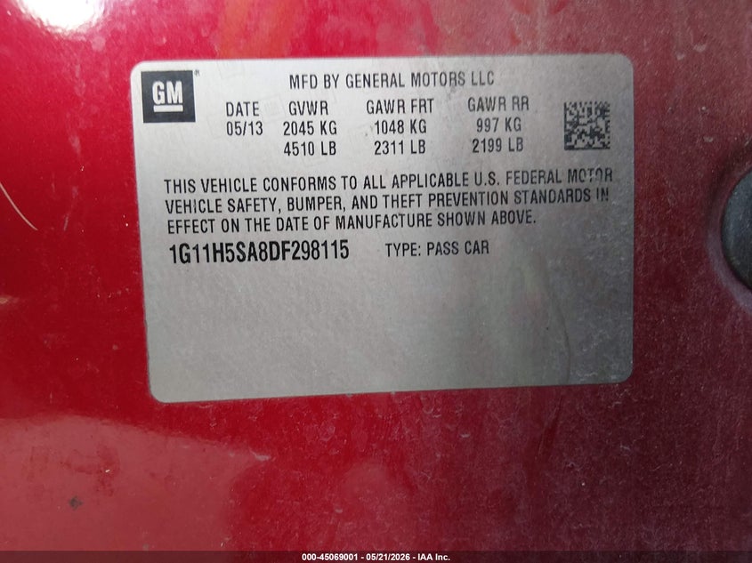 2013 Chevrolet Malibu 1Lz VIN: 1G11H5SA8DF298115 Lot: 45069001