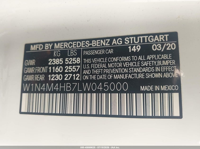 2020 Mercedes-Benz Glb 250 4Matic VIN: W1N4M4HB7LW045000 Lot: 45069025