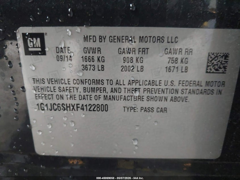 2015 Chevrolet Sonic Lt Auto VIN: 1G1JC6SHXF4122800 Lot: 45069058
