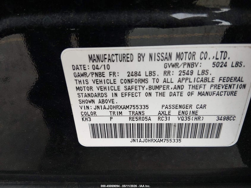 2010 Infiniti Ex35 Journey VIN: JN1AJ0HRXAM755335 Lot: 45069094