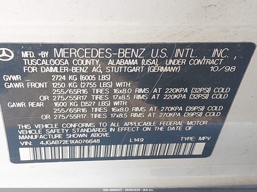 1999 Mercedes-Benz Ml 430 VIN: 4JGAB72E1XA076648 Lot: 45069257