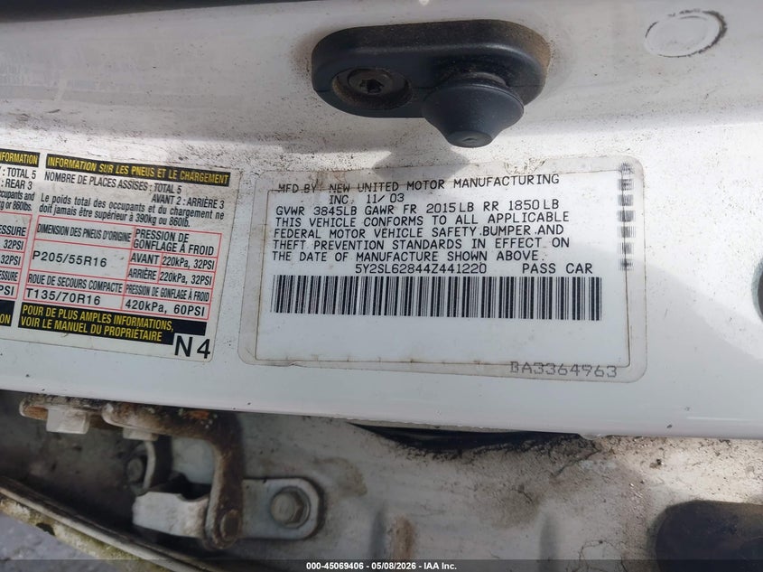 2004 Pontiac Vibe VIN: 5Y2SL62844Z441220 Lot: 45069406