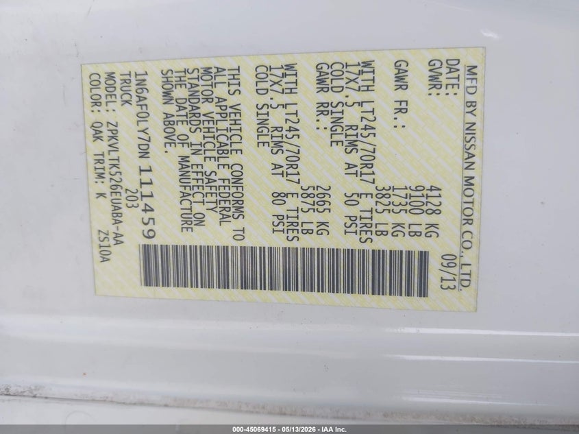 2013 Nissan Nv Cargo Nv2500 Hd Sv V8 VIN: 1N6AF0LY7DN111459 Lot: 45069415