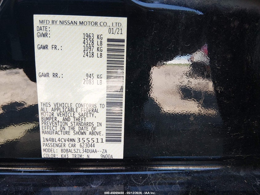 VIN 1N4BL4CV4MN355511 2021 NISSAN ALTIMA SR FWD