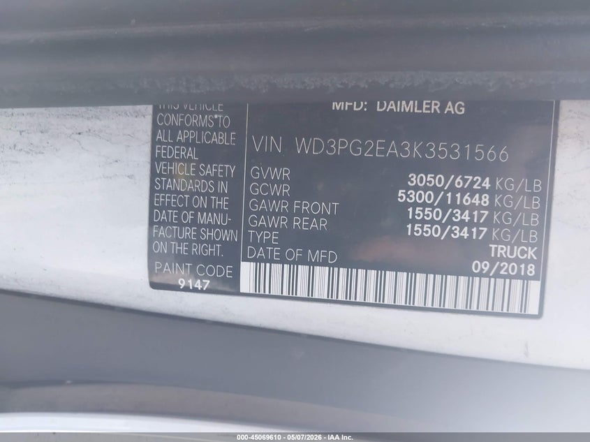 2019 Mercedes-Benz Metris VIN: WD3PG2EA3K3531566 Lot: 45069610