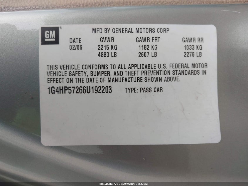2006 Buick Lucerne Cx VIN: 1G4HP57266U192203 Lot: 45069772