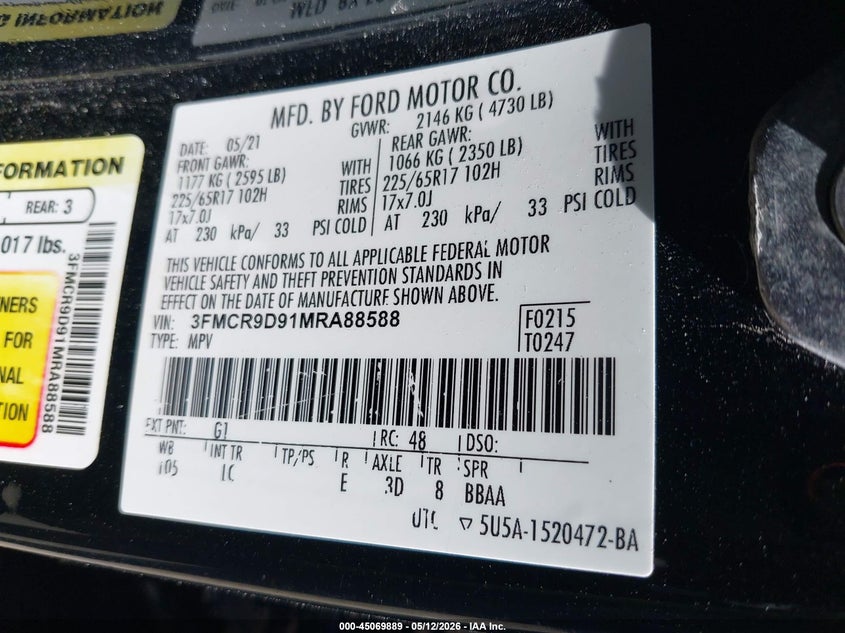 2021 Ford Bronco Sport Badlands VIN: 3FMCR9D91MRA88588 Lot: 45069889