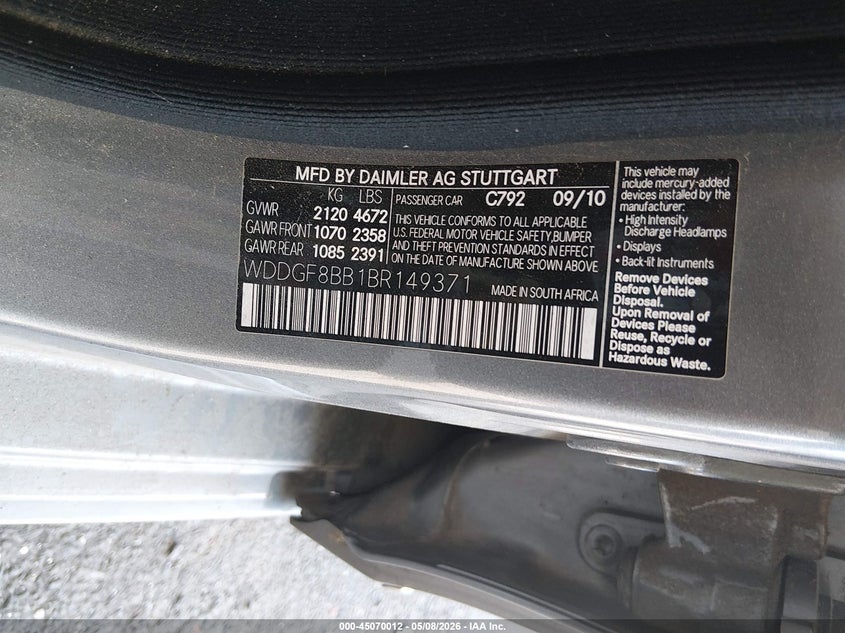 2011 Mercedes-benz C class 3.0 C 300 Luxury 4Matic/Sport 4Matic grey Lot 111045070012 Vin WDDGF8BB1BR149371