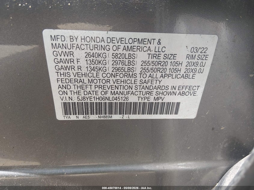 2022 Acura Mdx A-Spec Package VIN: 5J8YE1H06NL045126 Lot: 45070014