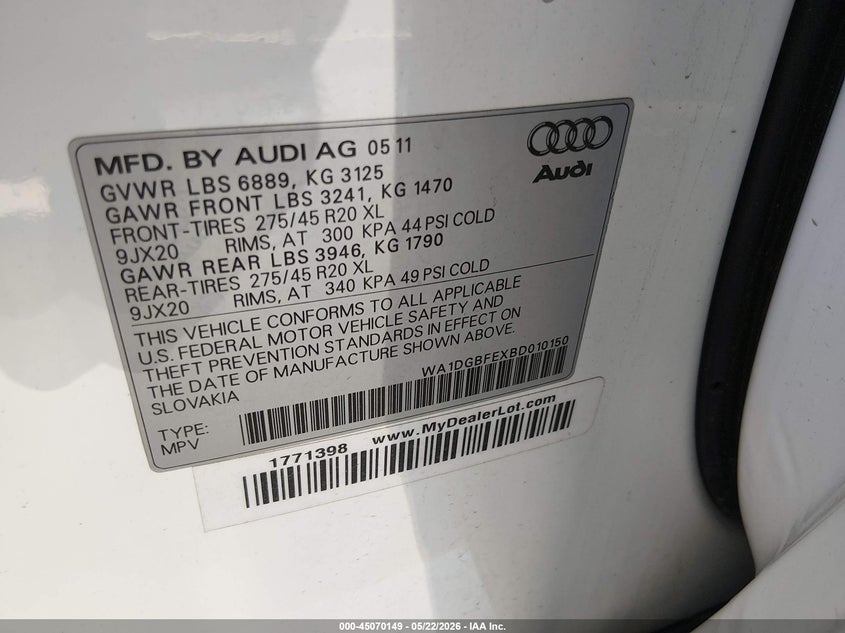 2011 Audi Q7 3.0T S Line Prestige VIN: WA1DGBFEXBD010150 Lot: 45070149