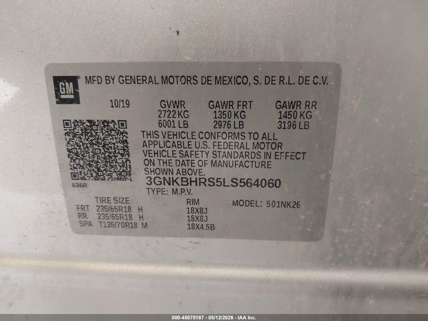 CHEVROLET BLAZER 2020 VIN 3GNKBHRS5LS564060