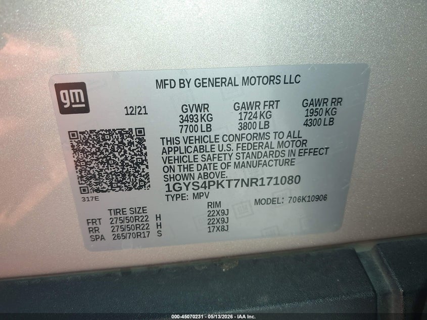 2022 Cadillac Escalade Esv 4Wd Sport VIN: 1GYS4PKT7NR171080 Lot: 45070231