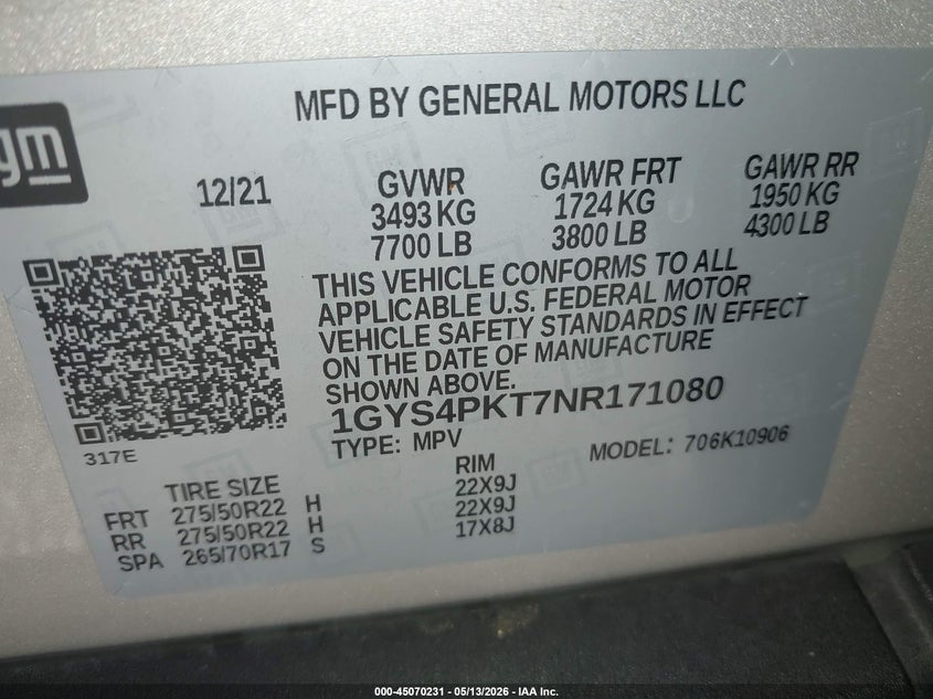 2022 Cadillac Escalade Esv 4Wd Sport VIN: 1GYS4PKT7NR171080 Lot: 45070231