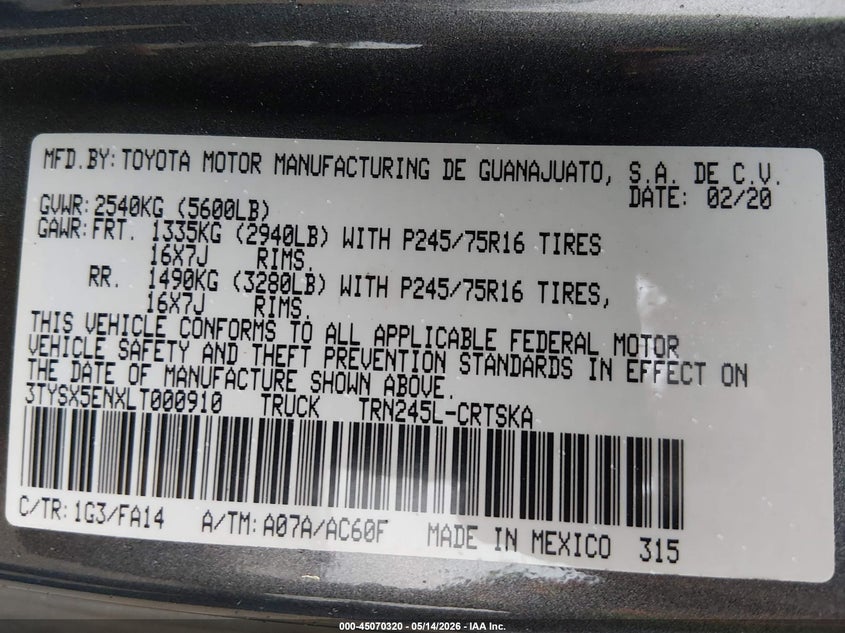 VIN 3TYSX5ENXLT000910 2020 TOYOTA TACOMA SR