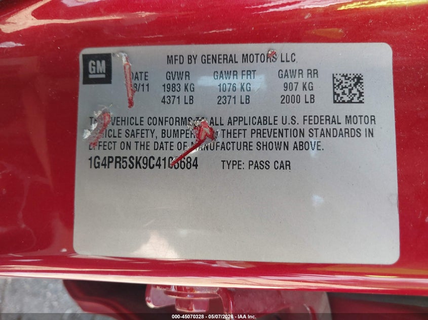 2012 BUICK VERANO SEDAN 2.4L I-4 DI, DOHC, VVT, 180HP