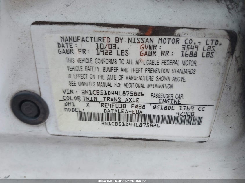 2004 Nissan Sentra 1.8S VIN: 3N1CB51D44L875826 Lot: 45070366
