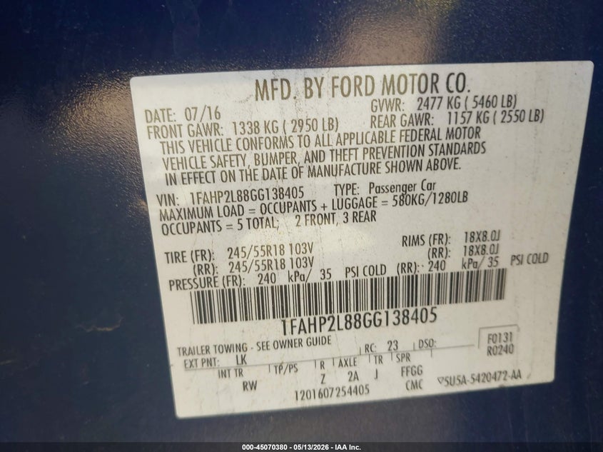 2016 Ford Police Interceptor VIN: 1FAHP2L88GG138405 Lot: 45070380