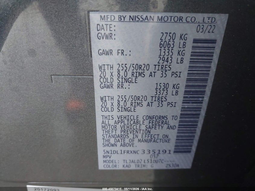2022 Infiniti Qx60 Luxe VIN: 5N1DL1FRXNC335191 Lot: 45070415