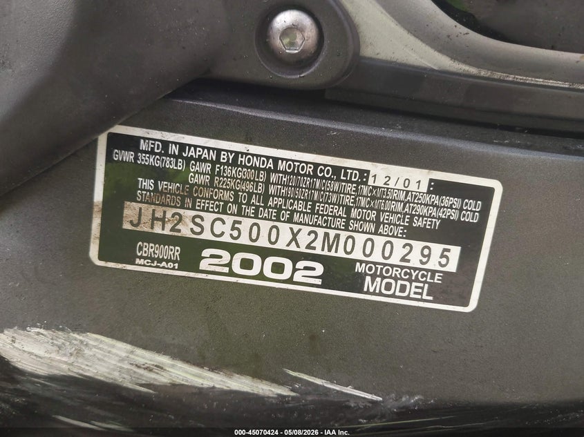 2002 Honda Cbr900 Rr VIN: JH2SC500X2M000295 Lot: 45070424