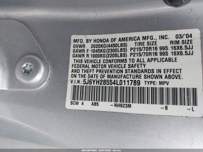 2004 Honda Element Ex VIN: 5J6YH28554L011789 Lot: 45070448