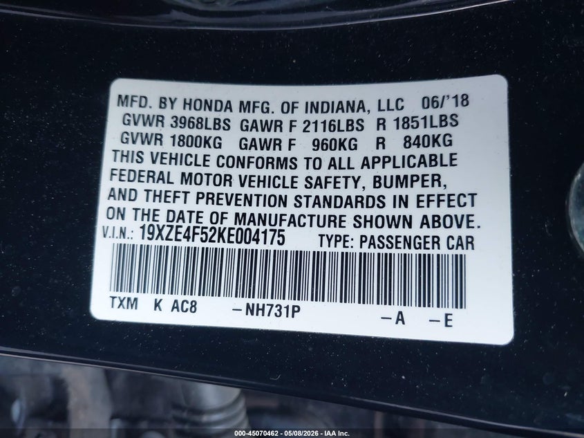 2019 Honda Insight Ex VIN: 19XZE4F52KE004175 Lot: 45070462