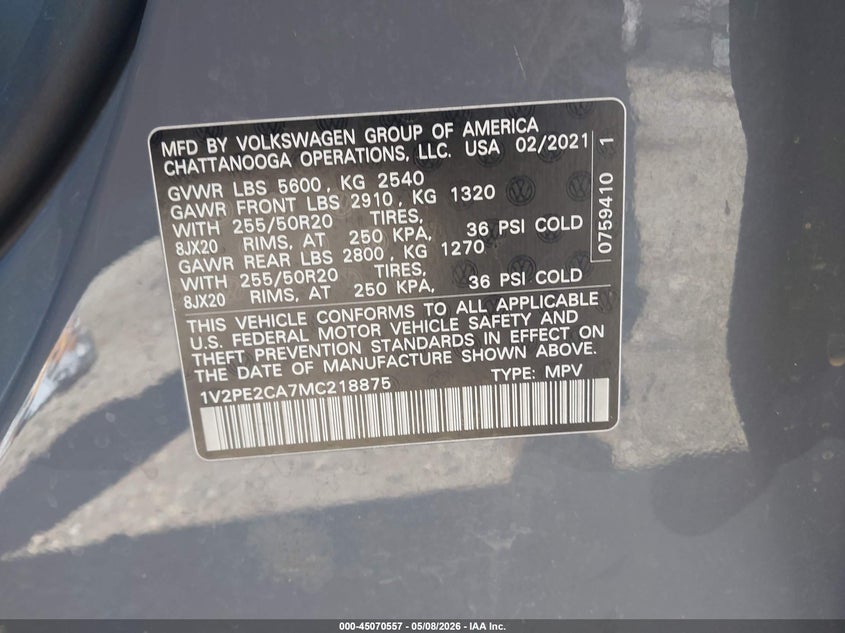 2021 Volkswagen Atlas Cross Sport 3.6L V6 Se W/Technology R-Line VIN: 1V2PE2CA7MC218875 Lot: 45070557
