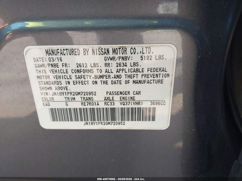 2016 Infiniti Q70L 3.7X VIN: JN1BY1PR2GM720952 Lot: 45070568